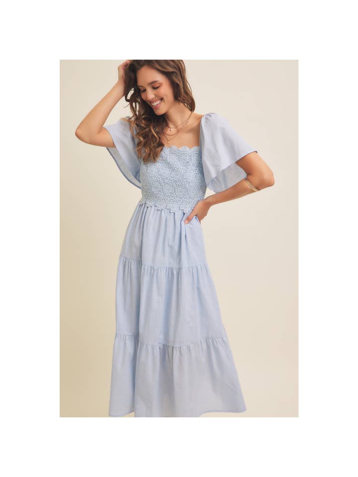 in february - Wholesale Dress - Women's - TIERED FLORAL CROCHET MIDI DRESS WITH FLUTTER SLVS