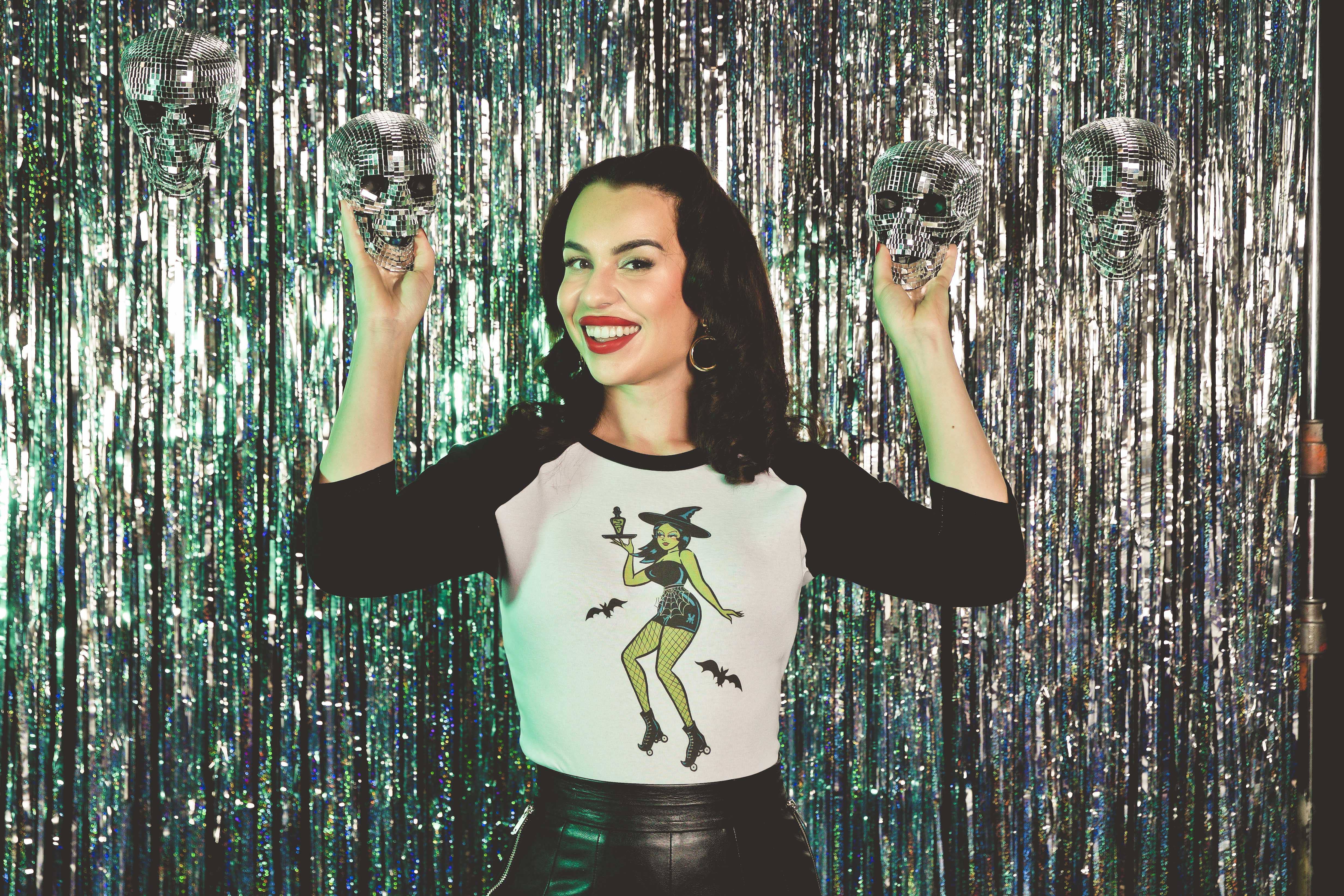 Mischief Made - Wholesale Screen Printed T-Shirt - Women's - Roller Hex Cropped Baby 3/4 Raglan tee in White/Black