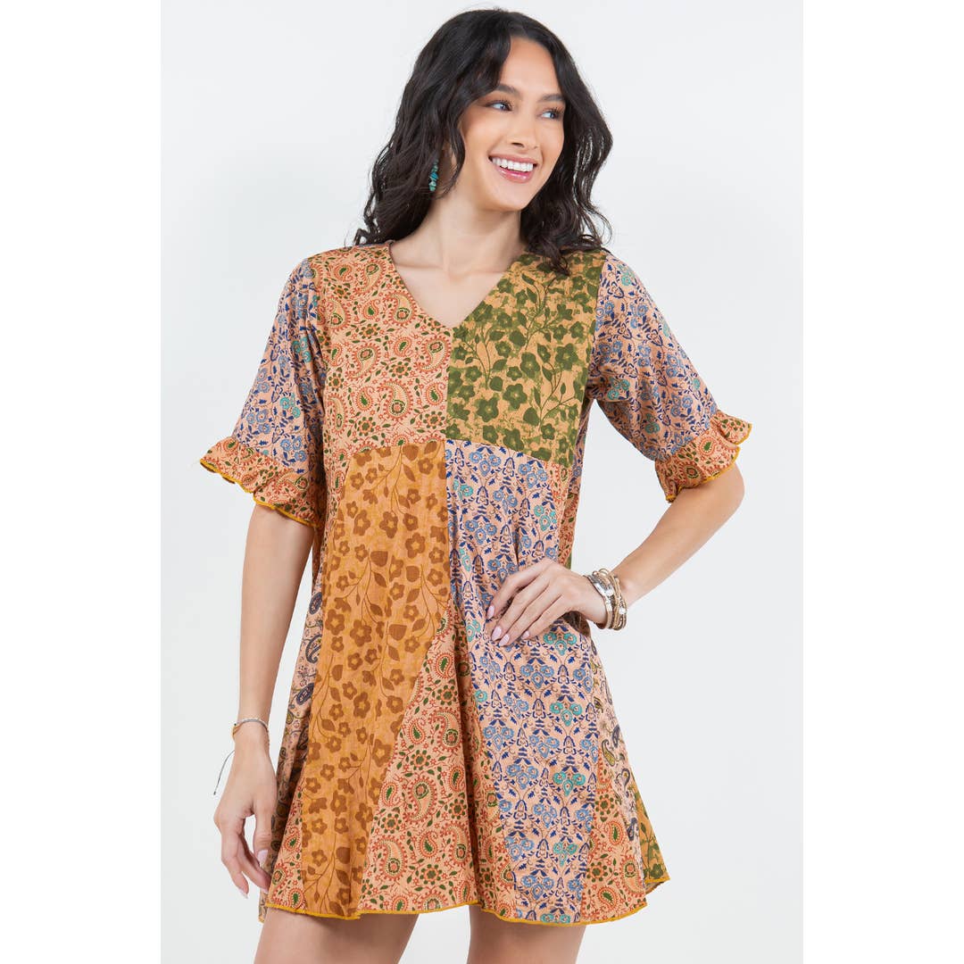Cotton Printed Voile Overdyed Patchwork Mini Dress for wholesale by Avatar Imports LLC