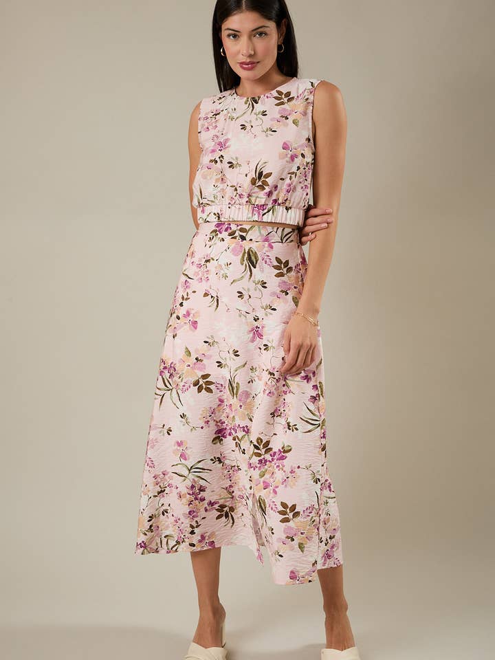 HIGH ELASTIC WAIST BAND SIDE SLIT FLORAL MIDI SKIRT for wholesale by GILLI