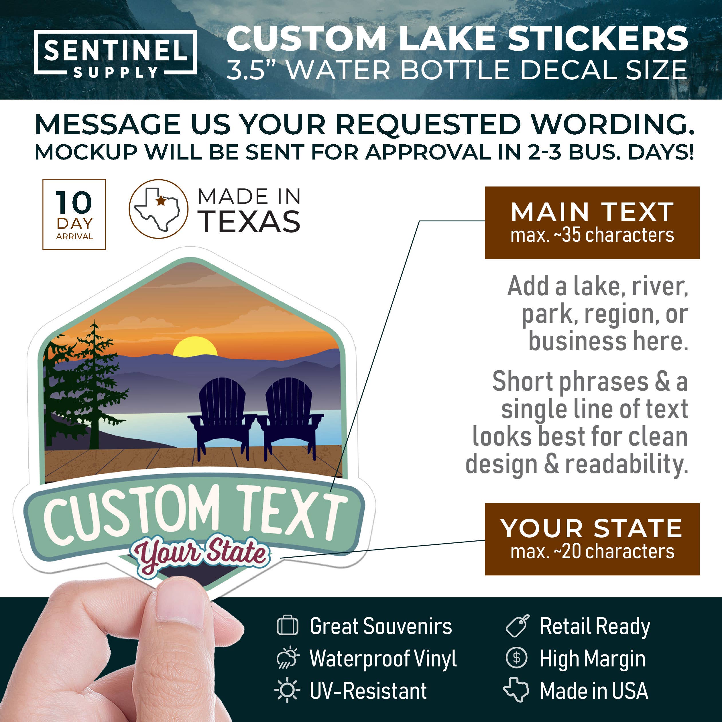 Sentinel Supply - Vente Autocollant - Autocollant personnalisé du lac Sunset - Joli autocollant nature avec nom personnalisé1