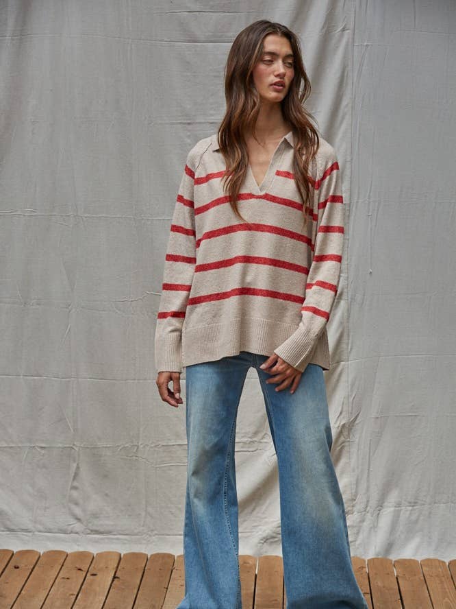 Taupe Red W2187 | Knit Sweater Striped Collar V-Neck Pullover for wholesale on Faire1
