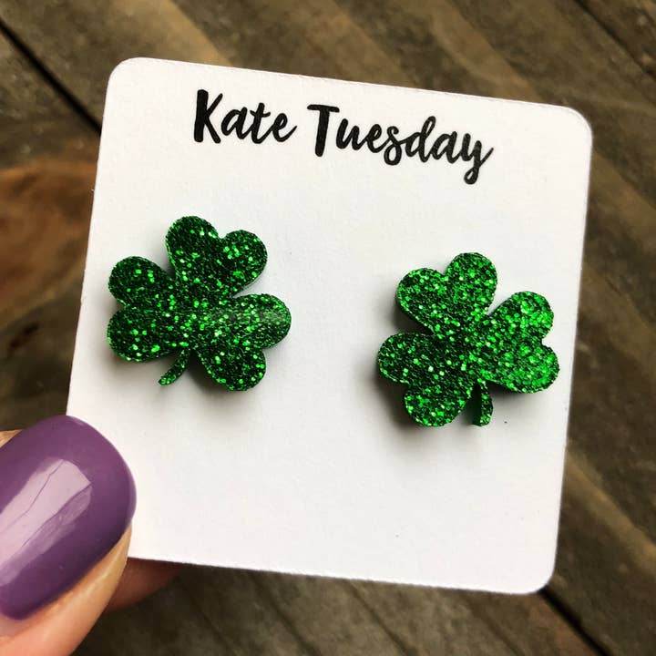 Glitter Acrylic St. Patties Day Clover Earrings for wholesale by Kate Tuesday Jewelry