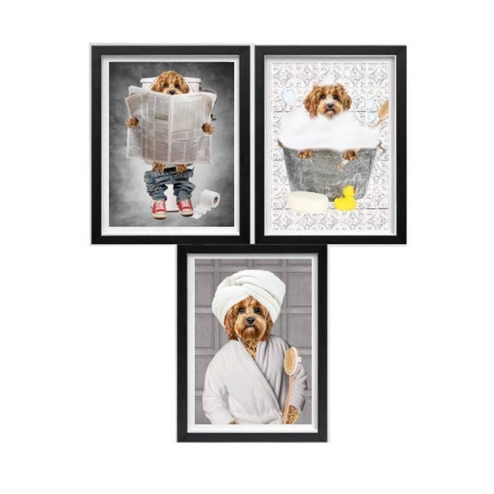 Set grappige badkamerprints van Cavapoo - Foto van hond op toilet voor wholesale door Parksmoonprints