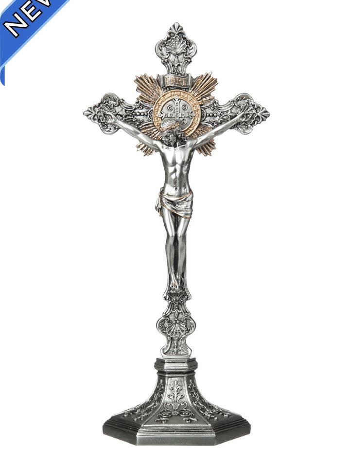 SR-77286-PE St. Benedict Crucifix in Pewter Style 24"/22" for wholesale by Goldscheider of Vienna