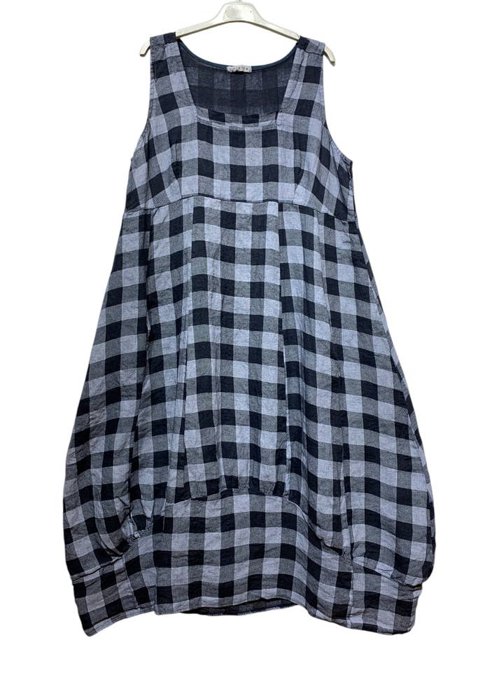 LINEN & COTTON HOUSE - Wholesale Dress β Women's - LINEN DRESS WITH POCKETS, GINGHAM CHECK PATTERN 3228