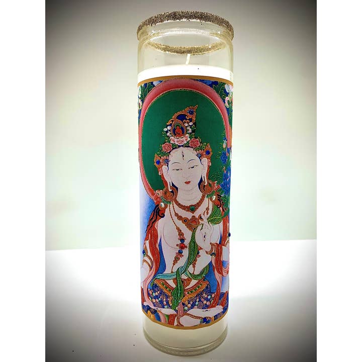 White Tara Glitter Candle - Growth, Prosperity, Protection for wholesale by Ceridwen’s