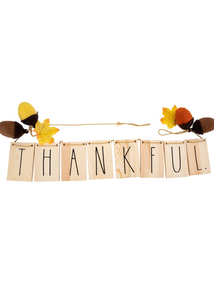 Rae Dunn “Thankful” Wooden Fall Garland with Felt Acorns for wholesale by DesignStyles Home