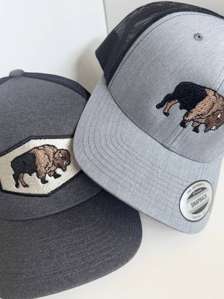 Embroidered Bison SnapBack Hat for wholesale by Lilli Jane Stitches