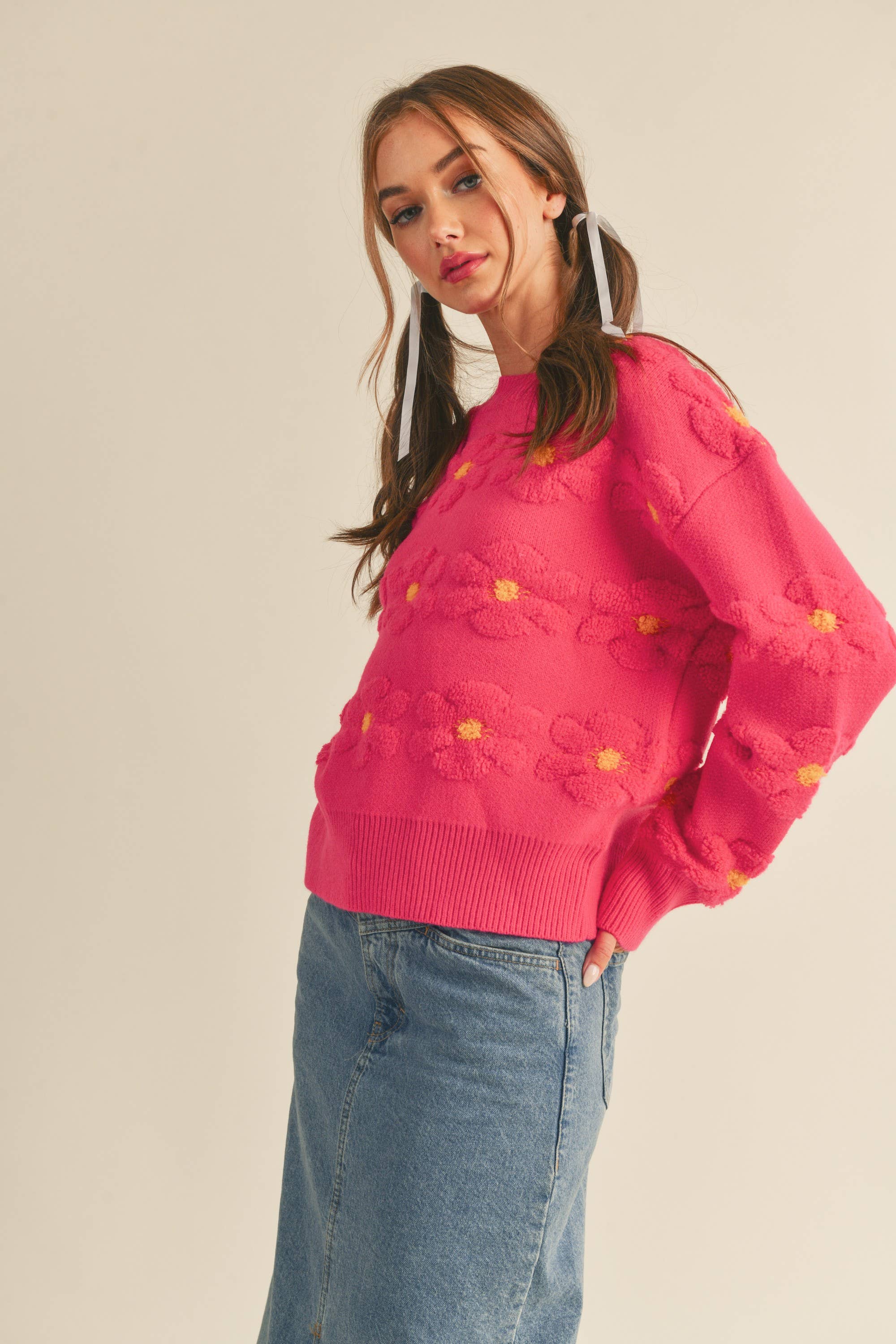 PINK YELLOW SHERPA FLORAL STRIPE SWEATER MSW10279 for wholesale on Faire