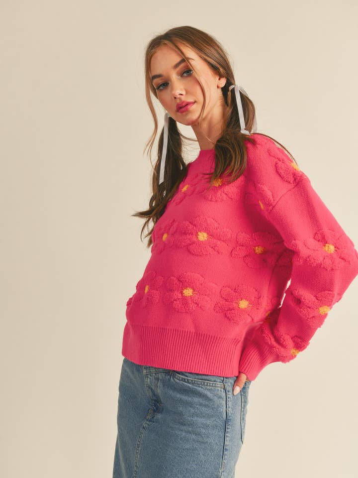 PINK YELLOW SHERPA FLORAL STRIPE SWEATER MSW10279 for wholesale on Faire0