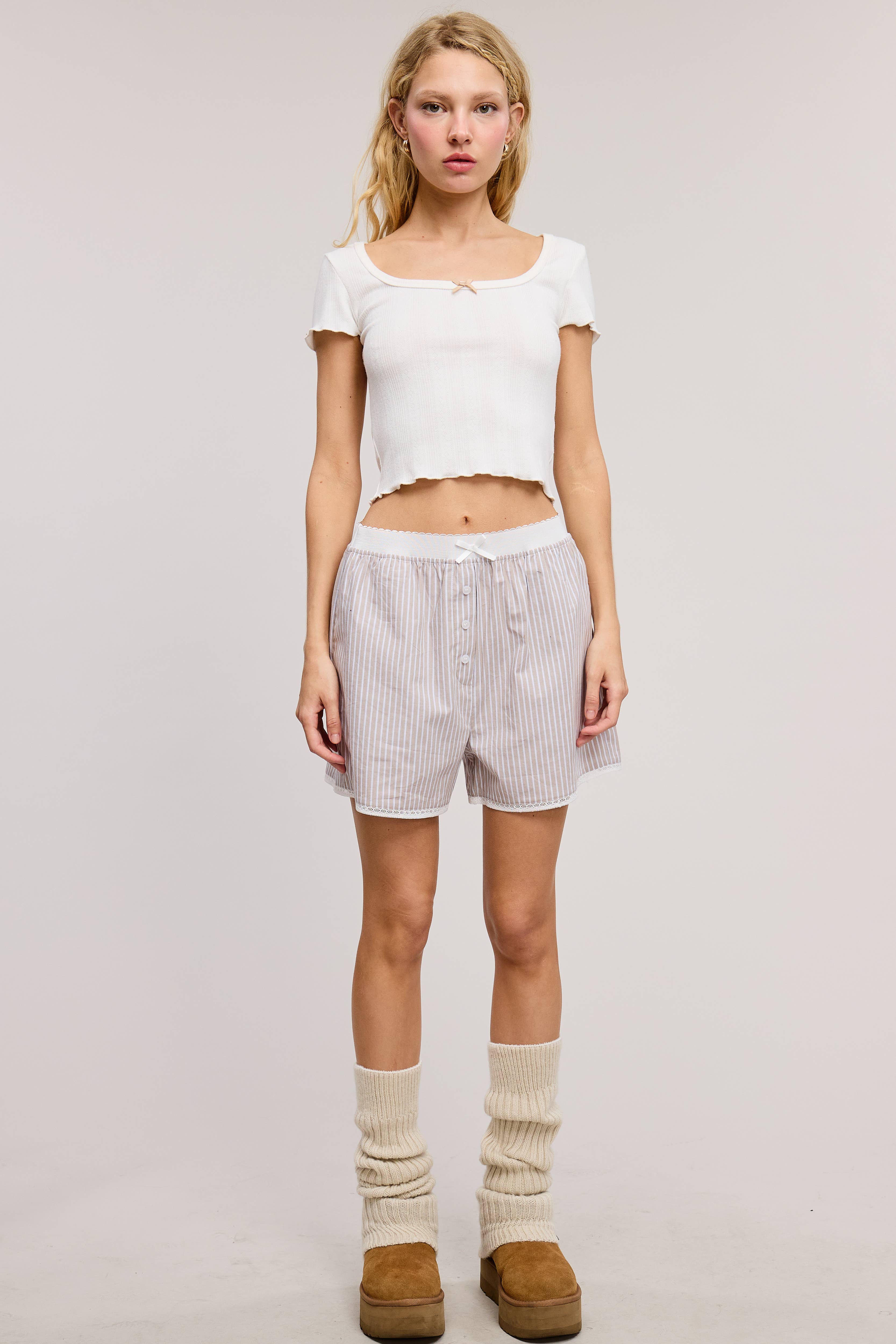 Mimosa - Wholesale Shorts - Women's - Scalloped Lace Hem Striped Boxer Style Shorts10