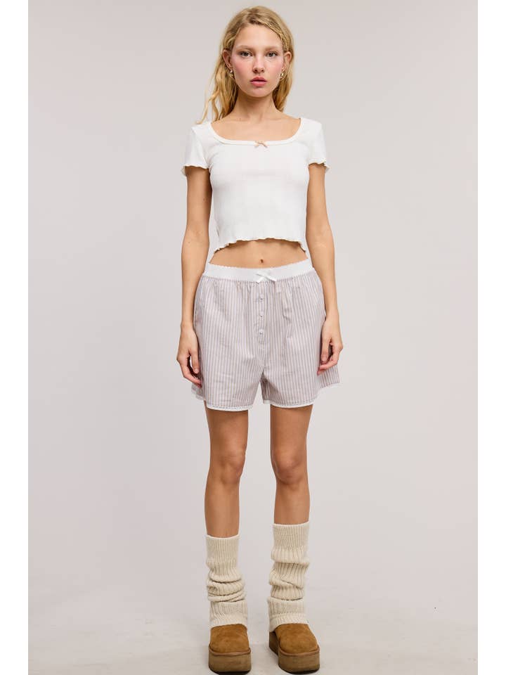 Mimosa - Wholesale Shorts - Women's - Scalloped Lace Hem Striped Boxer Style Shorts10