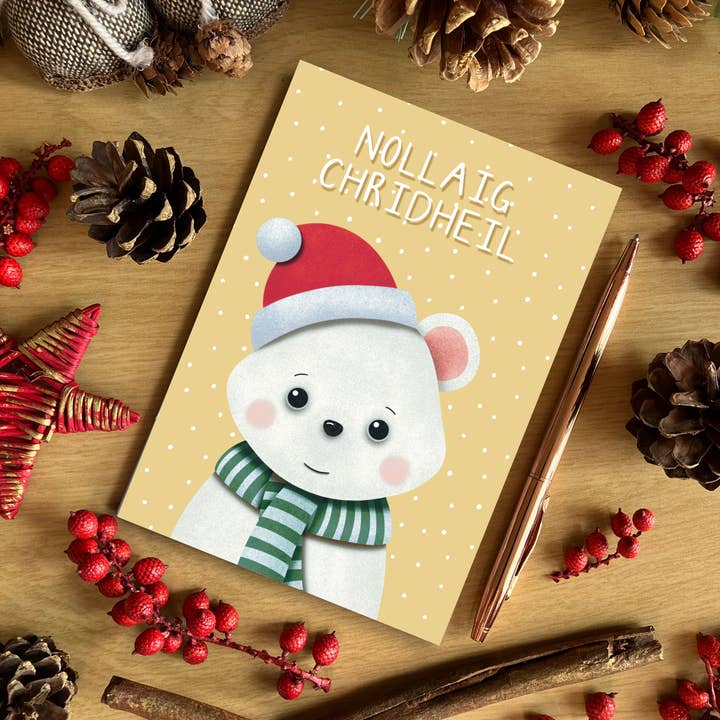 Scottish Gaelic A6 Sized Yellow Festive Polar Bear Card for wholesale by SH Designs