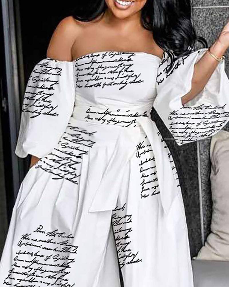 Queen Fashion - Venta al por mayor Peto - Mujer - Mono de pierna ancha con hombros descubiertos, mangas farol y cinturón.2