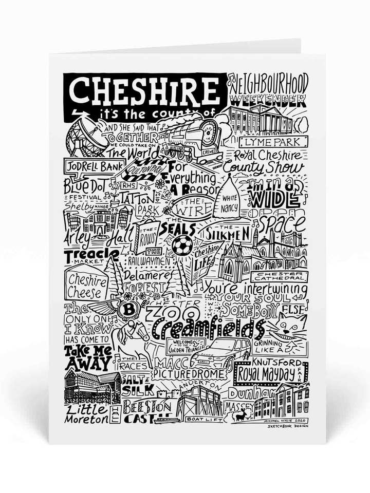 Biglietto di auguri illustrato con monumenti del Cheshire per la vendita all'ingrosso da parte di Sketchbook Design