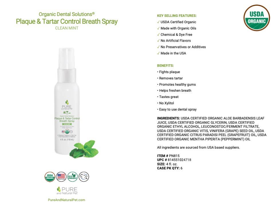 Pure and Natural Pet - Wholesale Pet Spray - Dog - Plaque & Tartar Control Breath Spray for Dogs - Organic Dent1