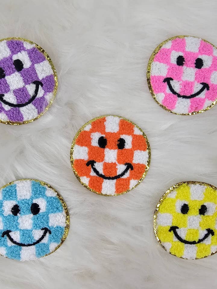 Checkered Smile Face Iron On Patch for wholesale by Scratch Decor