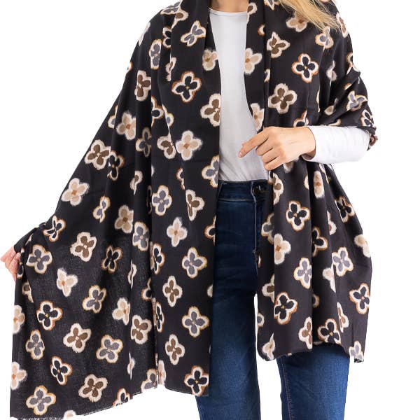 Cap Zone - Wholesale Scarf - Women's - Multicolor Clover Monogram Print Faux Cashmere Oblong Scarf3