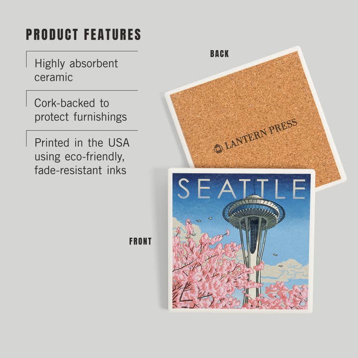 Lantern Press - Wholesale Coasters - Ceramic Coaster Space Needle, Cherry Blossoms Woodblock, …