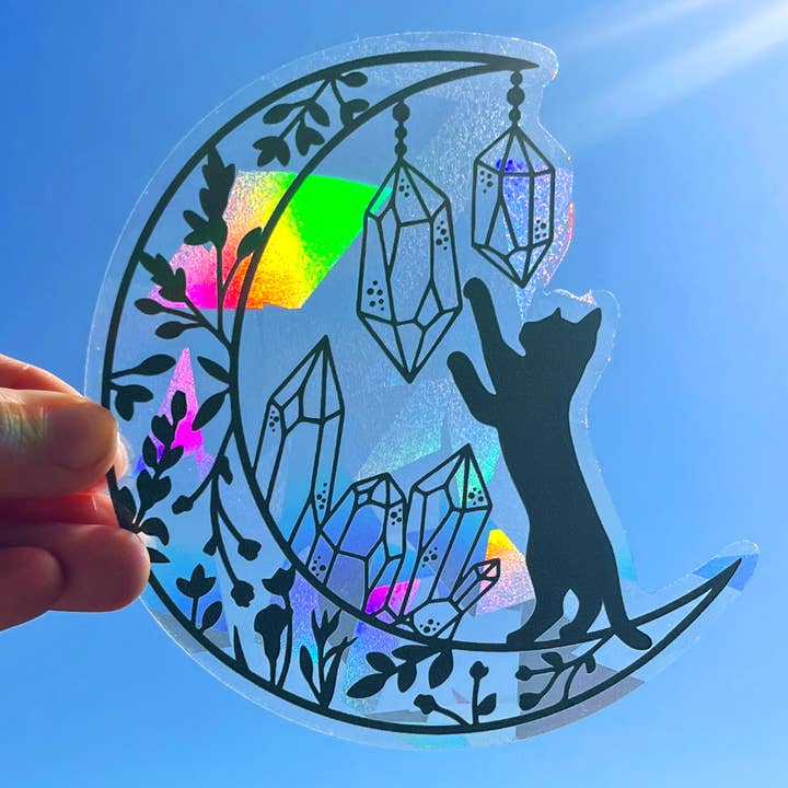 Art by Sharell - Wholesale Suncatcher - Cat on Moon Suncatcher Window Sticker Decal, Cat Lover Gift0