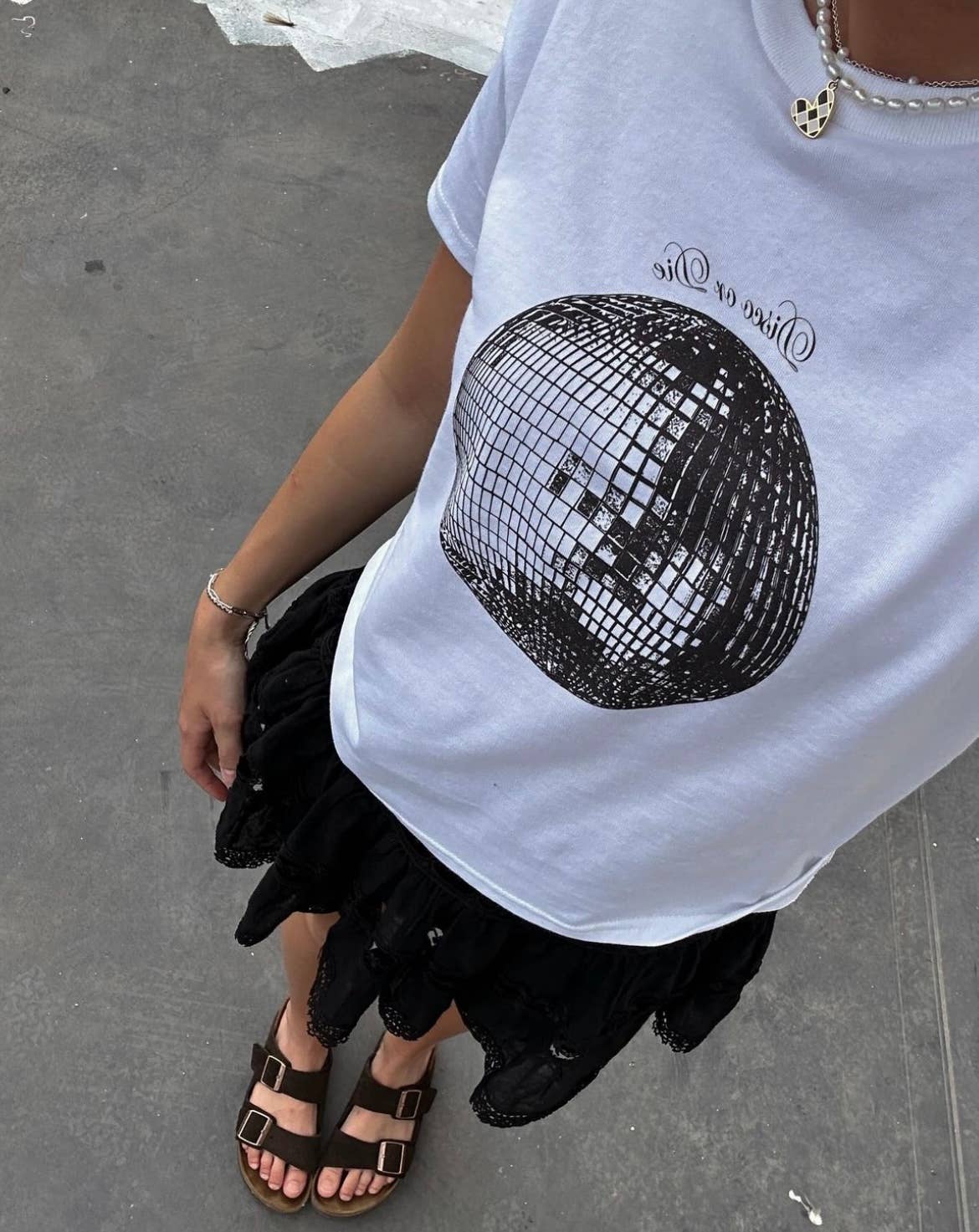 White Disco or Die Baby Tee for wholesale on Faire1
