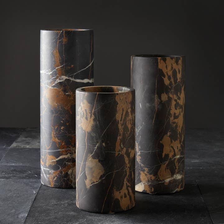 Marble Crafter - Wholesale Vase - Chloris Collection Black & Gold Marble 12" Honed Finish Cyl