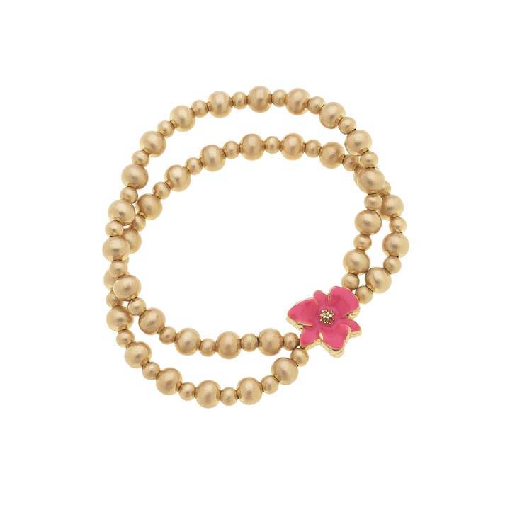 Canvas Style - Wholesale Beaded Bracelet - Valentina 2-Row Enamel Flower & Ball Bead Stretch Bracelet