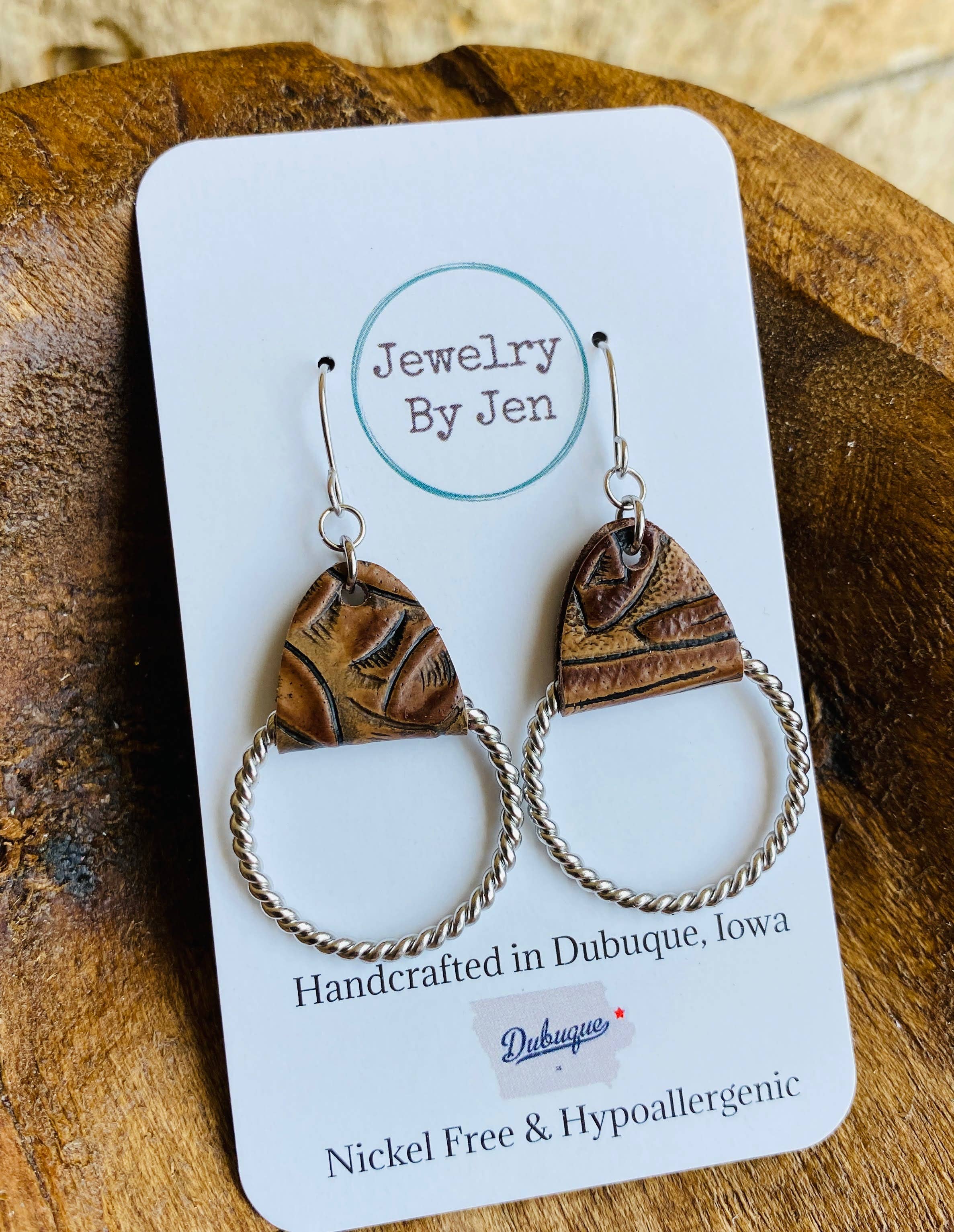 Jewelry By Jen - Wholesale Dangle Earrings - Twisted Hoop Earrings: Tooled Brown1