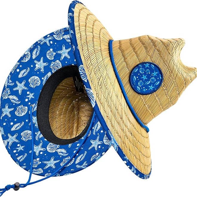 Lifeguard Hat Mens Straw Sun Hat for Beach, Outdoor, and Travel | UPF 50+ Sun Protection | Wide Brim Straw Beach Hat | Classic Sun Hat for Men and Women (Blue Nautical) for wholesale by grinderPUNCH
