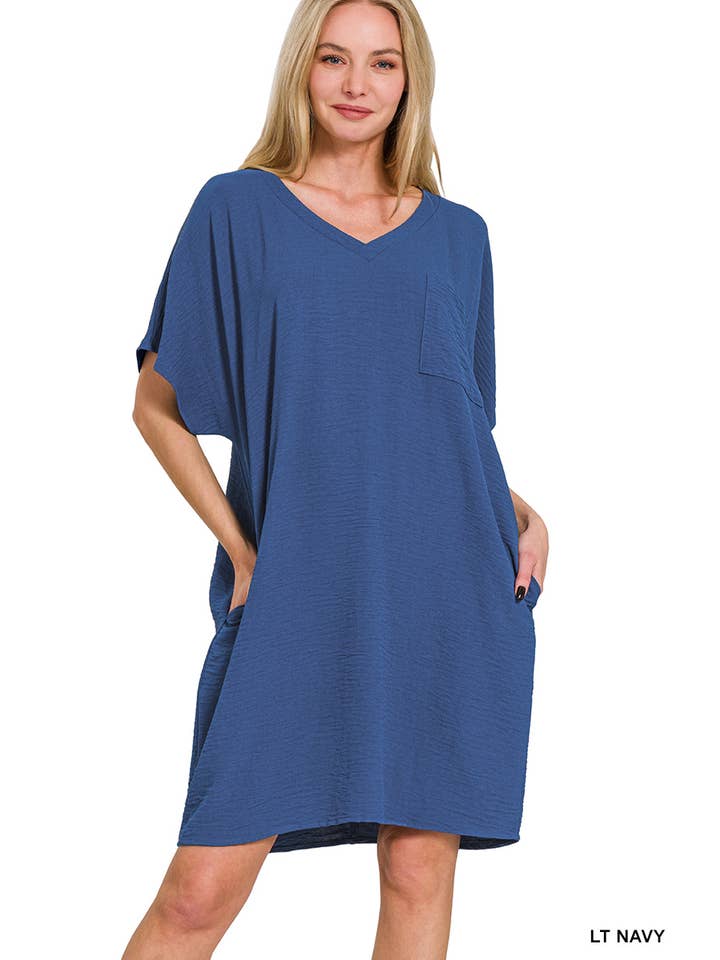42POPS - Wholesale Dress - Women's - SI-26408 Woven Airflow V Neck T Shirt Dress With Pockets