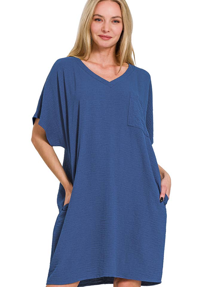 42POPS - Wholesale Dress - Women's - `.Woven Airflow V Neck T Shirt Dress With Pockets2