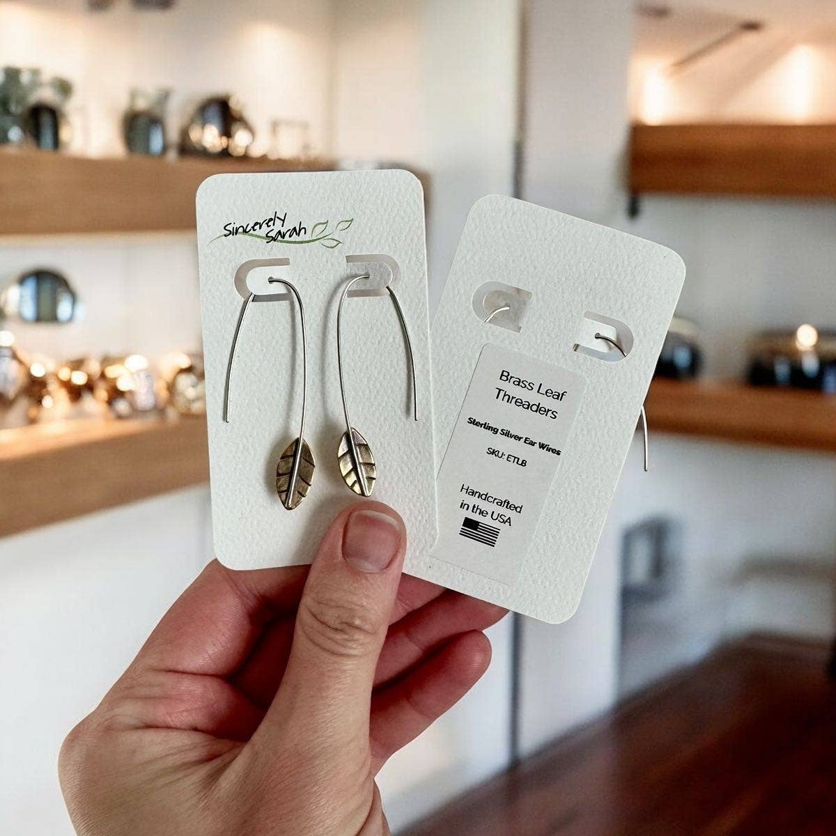 Sincerely Sarah - Wholesale Dangle Earrings - Brass Leaf Earring Threader Long3