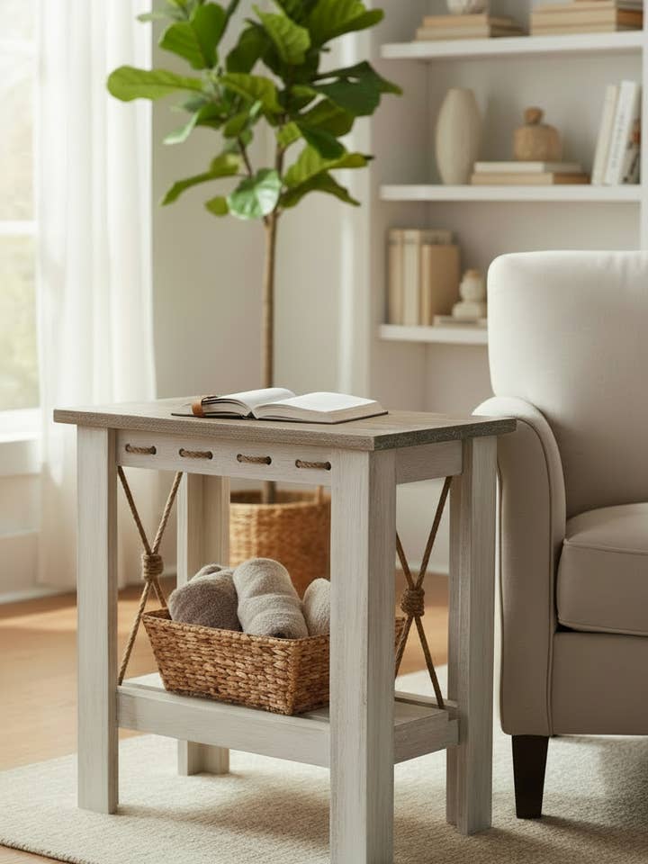 All Wood Side Table With Slat Shelf And Knotted Rope Accent for wholesale by Coast Lamp Mfg