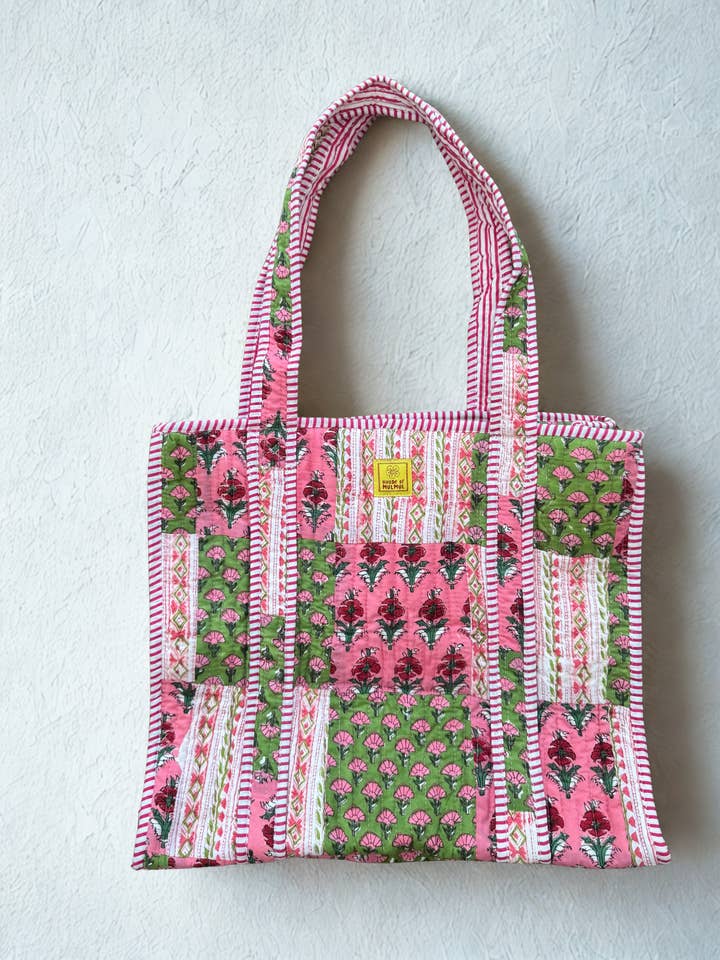 Handblock Printed Cotton Tote Bag (Patchwork - Pink Green) for wholesale by House of Mulmul LLC