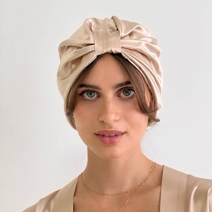 HoneyLux - Wholesale Sleep cap / bonnet – women's - Organic Silk Hair Turban - Champagne2