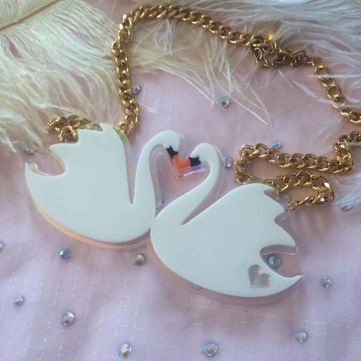 Swans In Love White And Radiant Necklace, Laser Cut Acrylic, Plastic Jewelry for wholesale by I'm Your Present