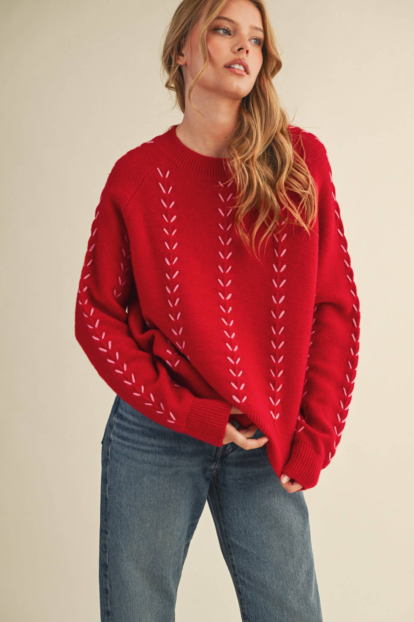 &MERCI - Wholesale Knit Sweater - Women's - EMBROIDERED LONG SLEEVE PULLOVER SWEATER MSW111795