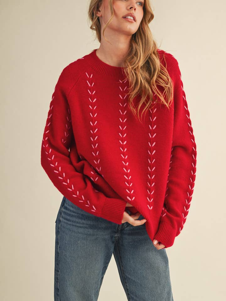 &MERCI - Wholesale Knit Sweater - Women's - EMBROIDERED LONG SLEEVE PULLOVER SWEATER MSW111795