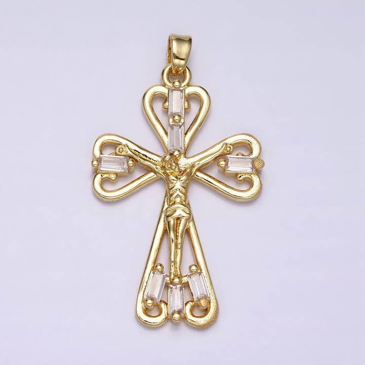 Aim Eternal - Wholesale Individual Charm/Pendant - 16K Gold Filled Crucifix Cross Clear CZ Baguette Religious Pendant in Gold & Silver | AA479 AA431