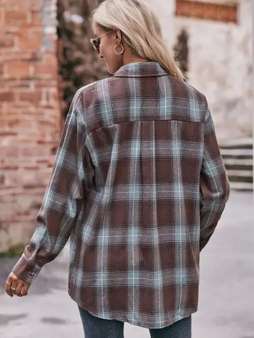 Lovesoft - Wholesale Button Down Shirt - Women's - Coffee Casual Fashion Oversized Loose Plaid Shirt11