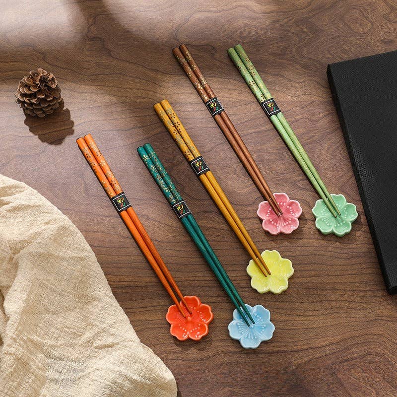 Gohobi （We cover U.S. import duties） - Wholesale Chopsticks - Gohobi A Set of 5 Pairs of Japanese Golden Flowers Wooden Chopsticks and Rests0