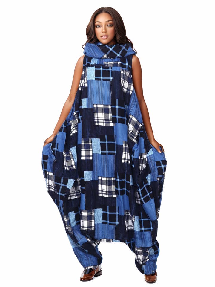 251- Women's Plus Size Cow Neck Denim Pattern Jumpsuit for wholesale by KaraChic