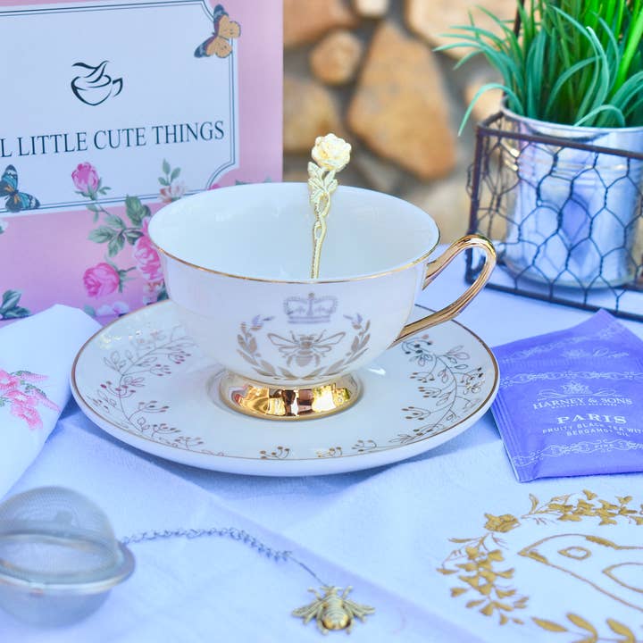 All Little Cute Things - Wholesale Tea Set - Regency Queen Bee Ivory Pearl with Gold Teacup and Saucer