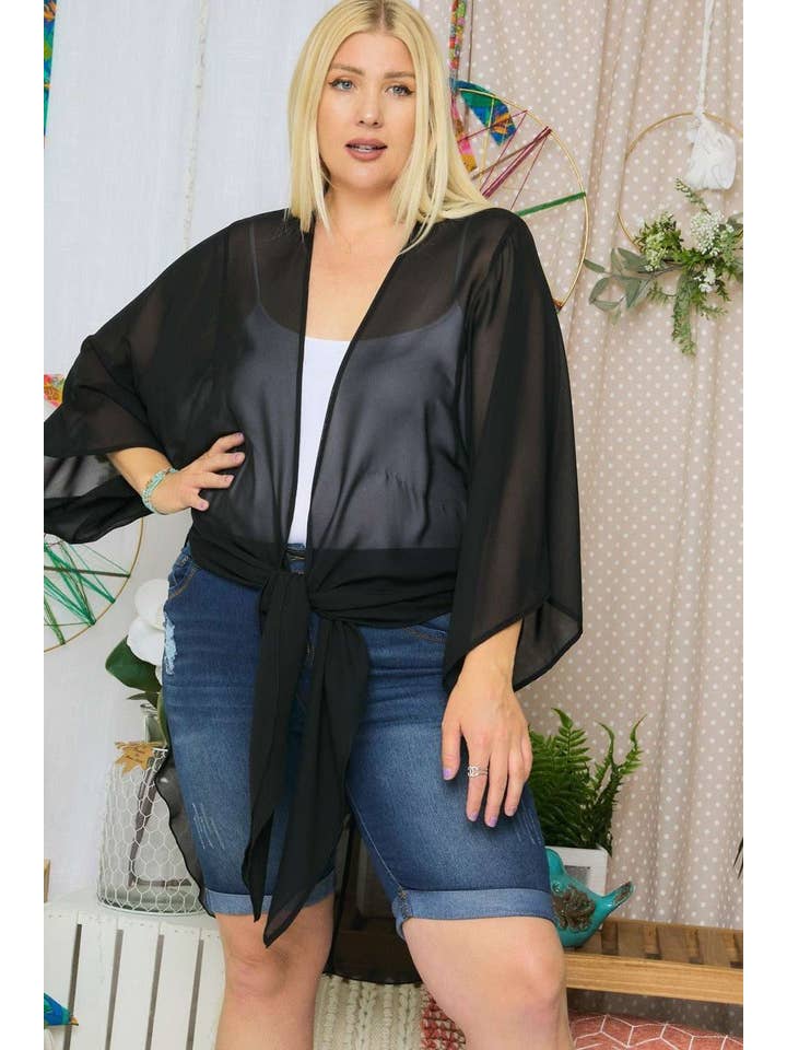 Madelyn - Wholesale Kimono - Women's - LYJ13385X - PLUS SIZE SOLID CHIFFON KIMONO