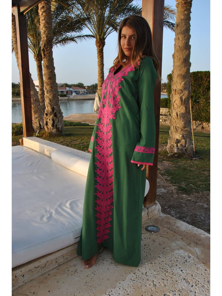 Gipci - Wholesale Kaftan - Women's - Green Autumn / Winter Bohemian Maxi Kaftan Dress