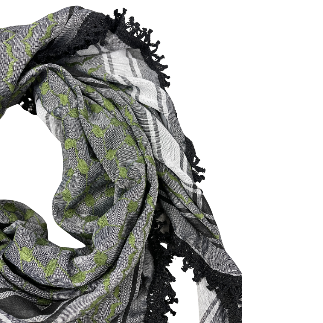 Sitti Social Enterprise - Wholesale Scarf - Women's - Green on Grey Kuffiyeh with Black Tassels1