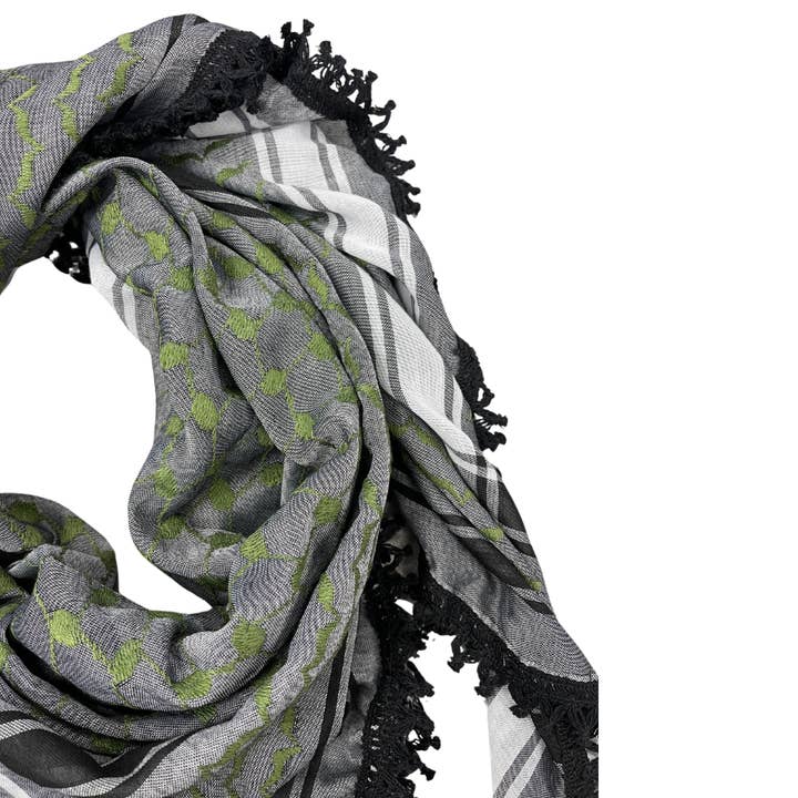 Sitti Social Enterprise - Wholesale Scarf - Women's - Green on Grey Kuffiyeh with Black Tassels1