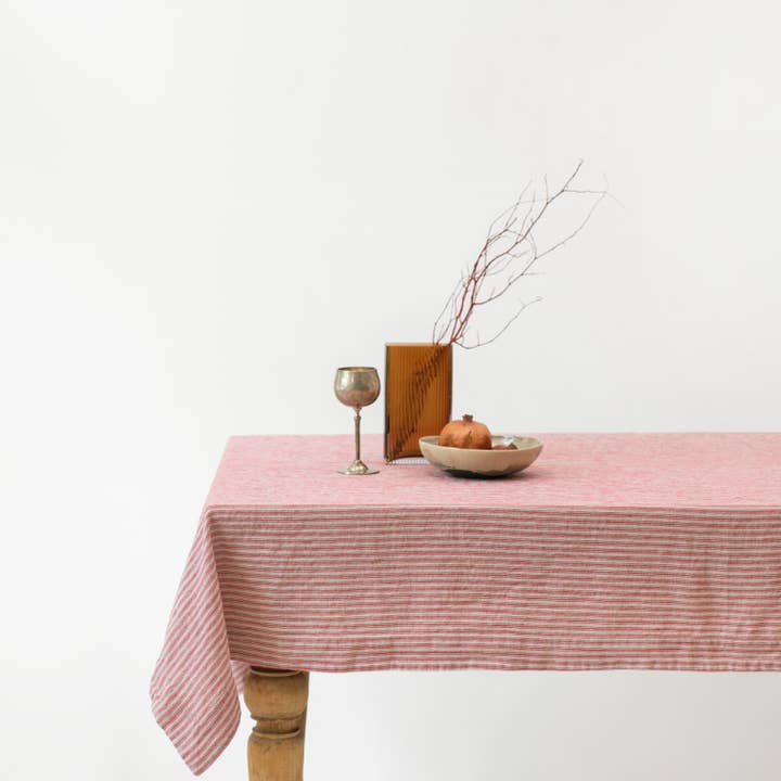 Red Natural Stripes Linen Tablecloth for wholesale by Linen Tales (We cover U.S. import duties)