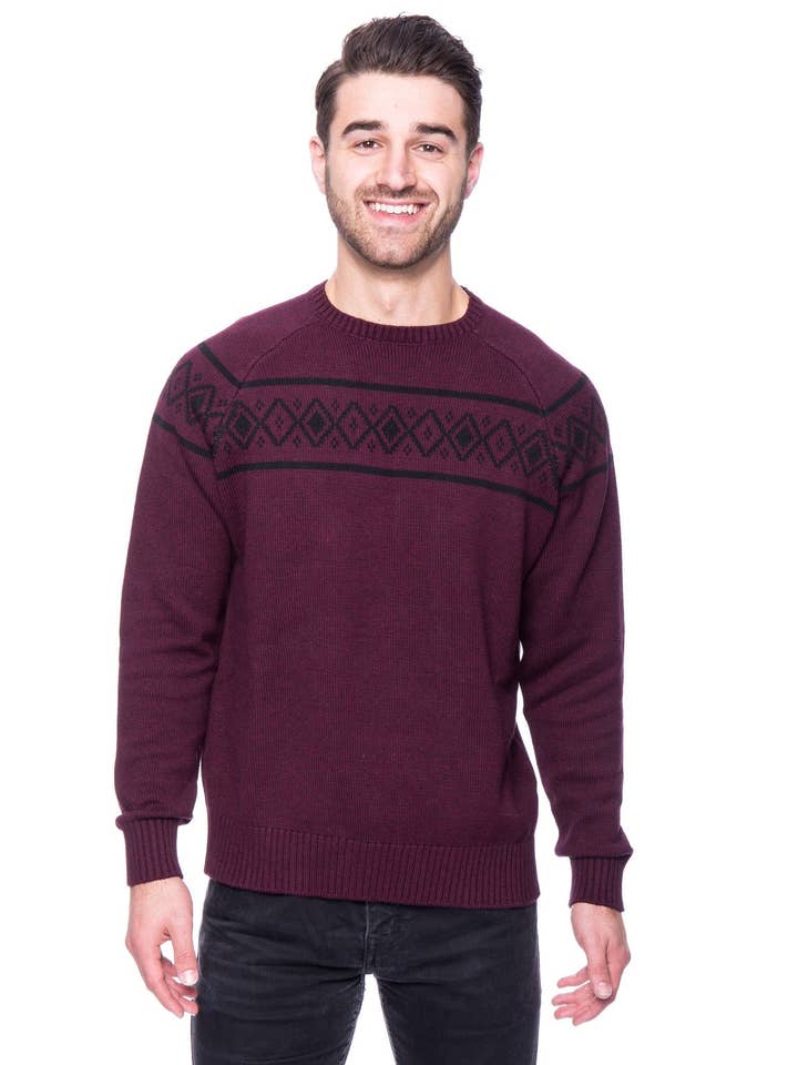 100% Cotton Crew Neck Sweater with Fair Isle Stripe - Marl Burgundy/Black for wholesale by Tocco Reale